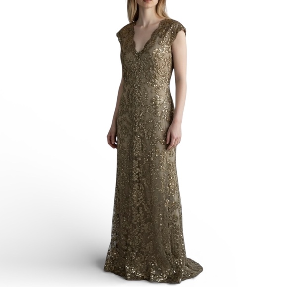Tadashi Shoji Bronze Sequin Lace Evening Gown 16 Taupe Cap Sleeve Formal Dress - Picture 1 of 9